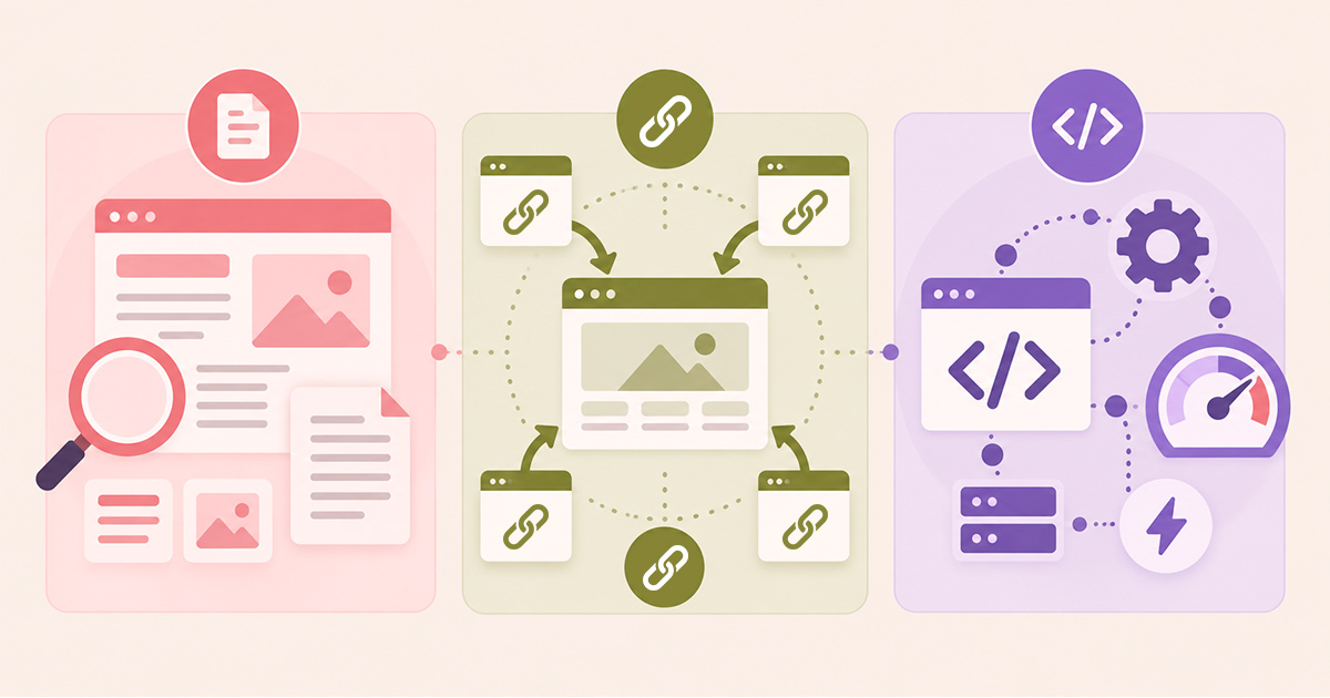 Diagrama de los tres pilares del SEO: On-Page, Off-Page y Técnico